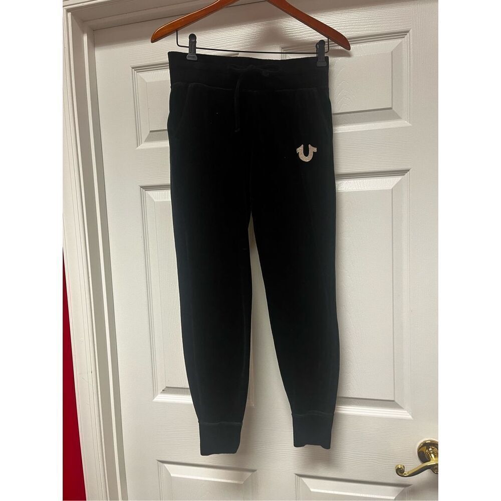 True Religion Black Velvet Crystal Horseshoe Track Pants sz XS EUC